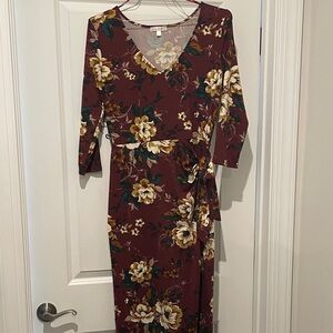 nine britton Burgundy Floral Wrap Midi Dress